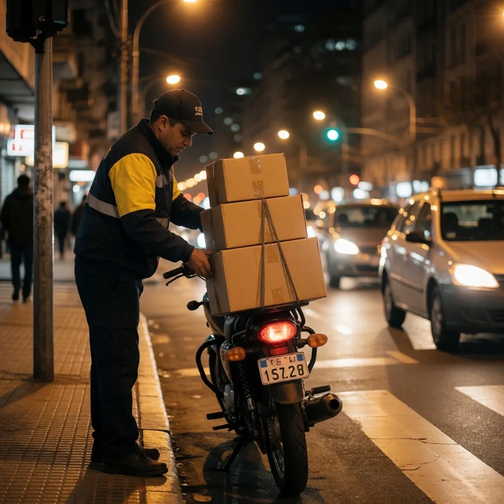 Cargador de paquetes con motocicleta en calle nocturna de Buenos Aires