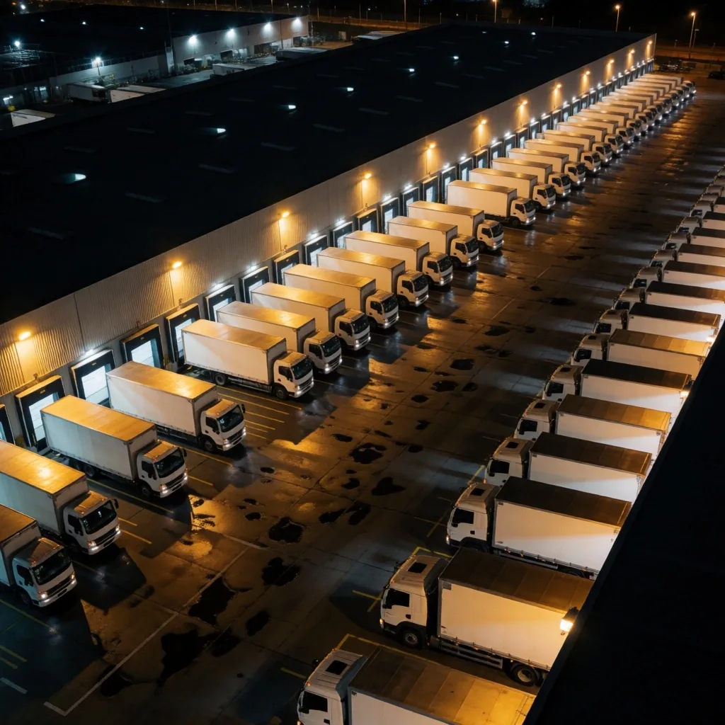 Centro de distribución logística nocturno en Argentina con camiones de carga en las dársenas