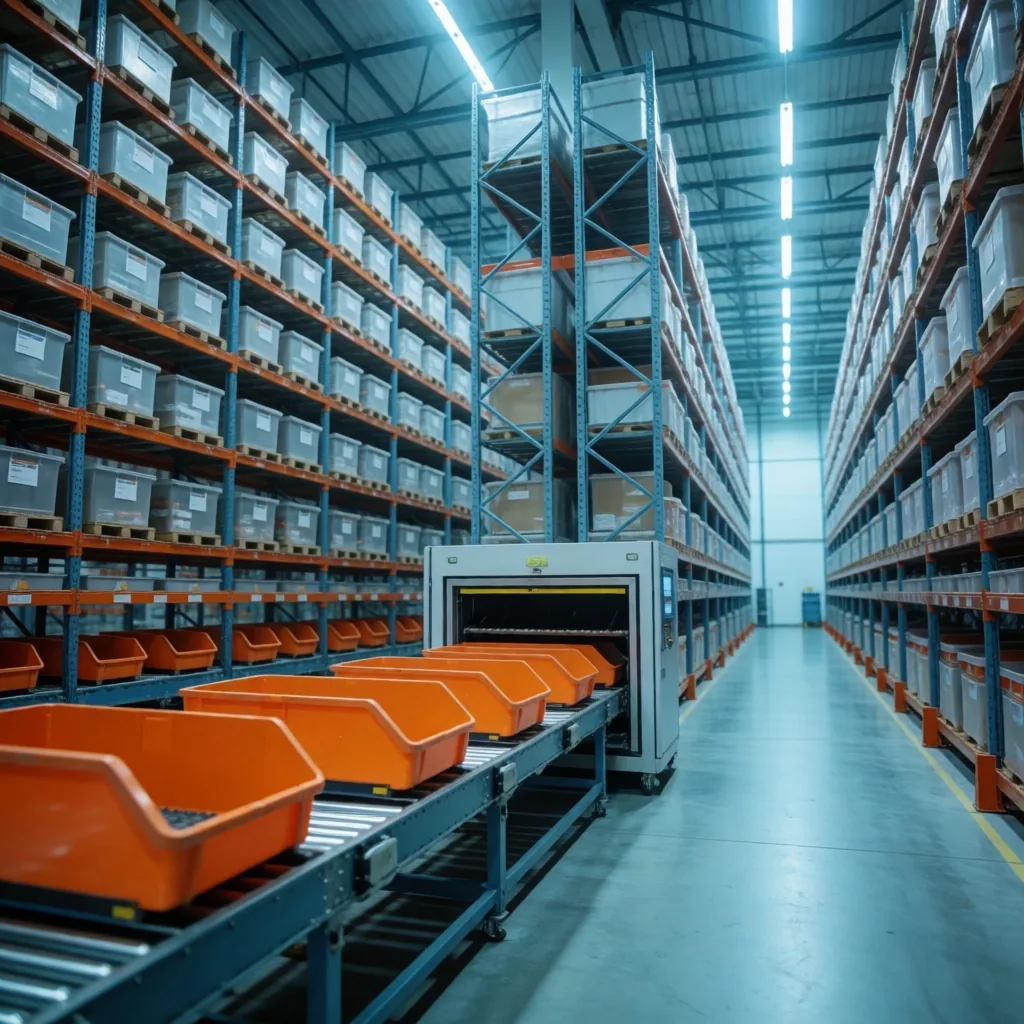 Depósito de fulfillment con estanterías y cinta transportadora automatizada