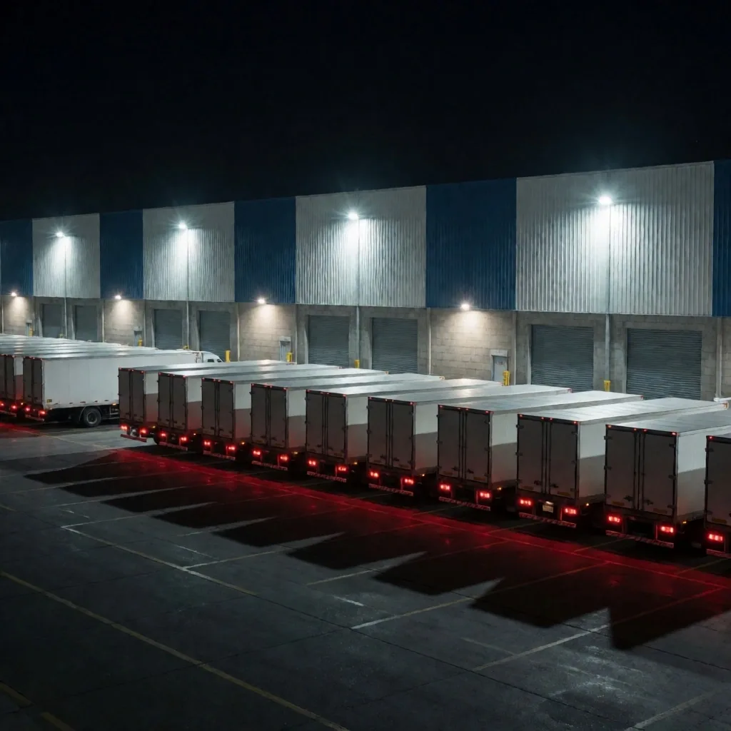 Terminal logística argentina con camiones de carga durante la noche
